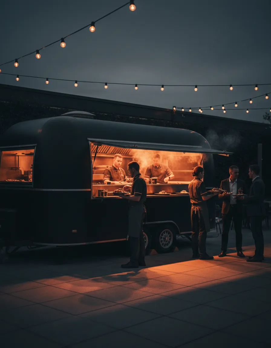 Private catering event showing food trailer operations