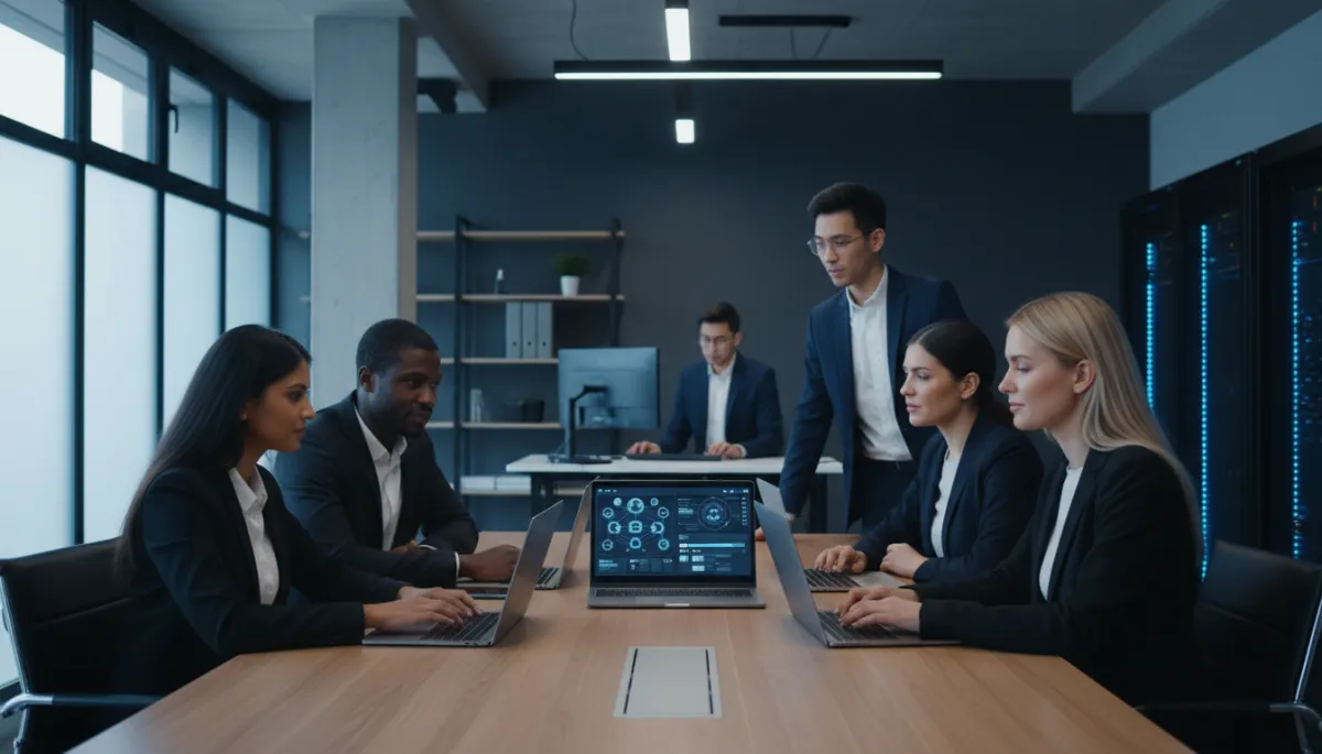 Calm small business team working securely with technology