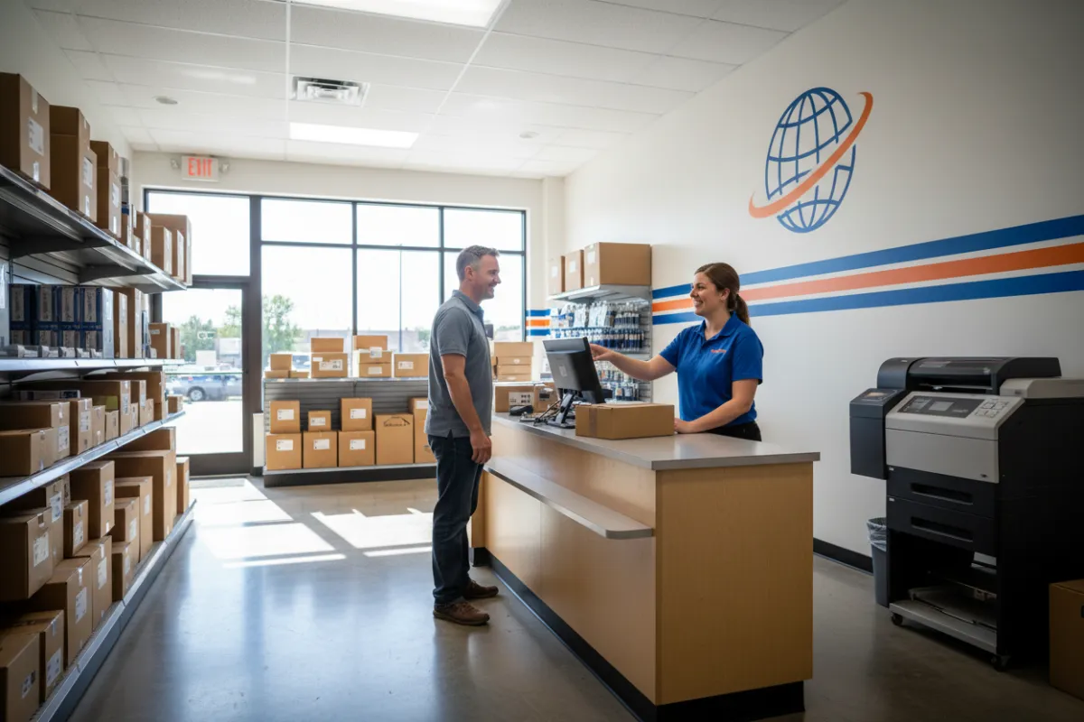 A friendly Horizon Pack and Ship team member assisting a local customer at the service counter, with shipping boxes and printing equipment visible in a bright, modern store interior. The scene conveys professionalism and approachability, with natural light and blue-orange accents.