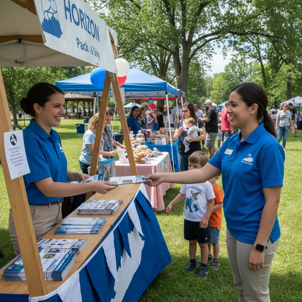 A Horizon Pack and Ship employee volunteering at a local Kentucky community event, handing out flyers at an outdoor booth with families and small businesses in the background. The image highlights community engagement and local pride.