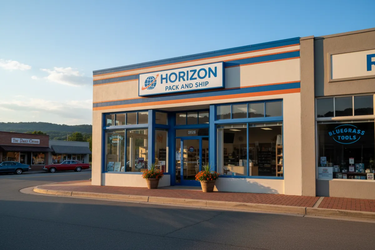 A wide-angle view of a Horizon Pack and Ship storefront in Kentucky, with clear signage, blue and orange branding, and a welcoming entrance. The building is set in a small-town commercial area with local businesses nearby.