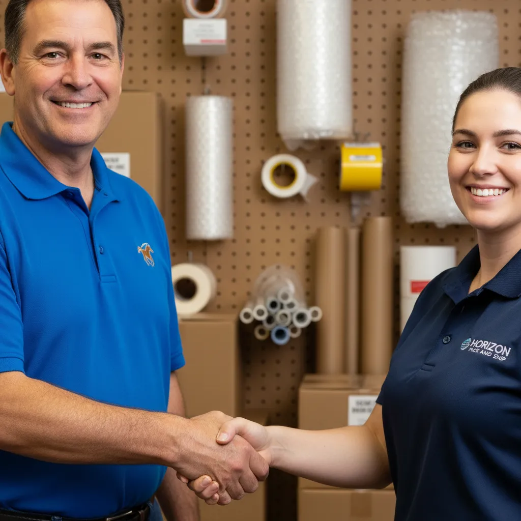 A close-up of a Kentucky business owner shaking hands with a Horizon Pack and Ship staff member in front of a wall of shipping supplies. Both are smiling, representing partnership and local trust. The background is softly blurred, focusing on the handshake.