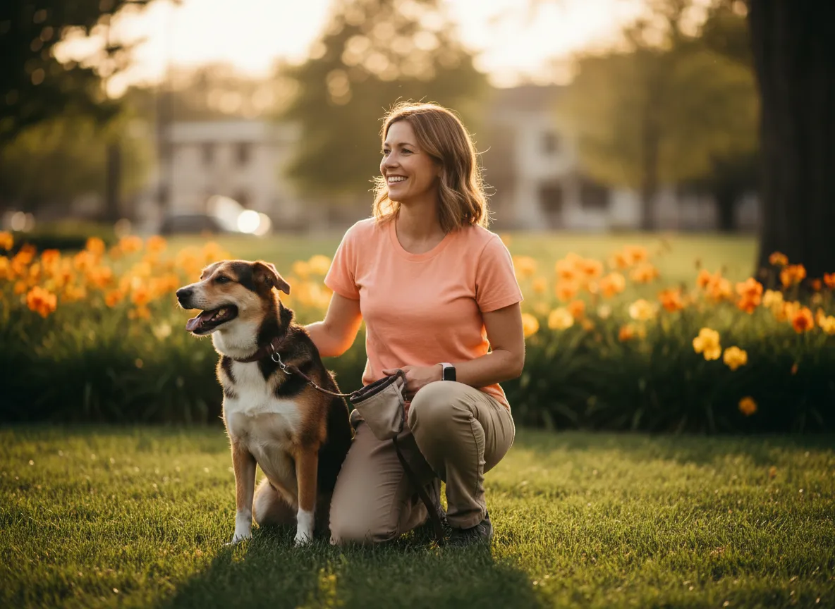 Dog and owner in a training session, sitting happily together