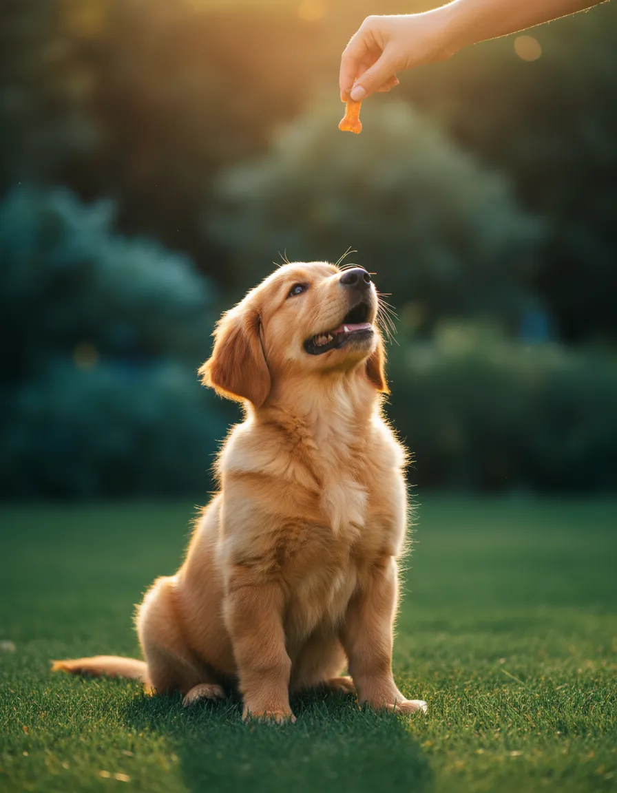 Happy puppy sitting for a treat during a positive reinforcement training session
