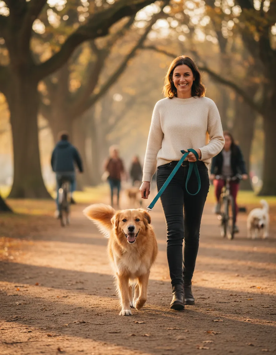 Older dog walking calmly beside owner in a busy environment