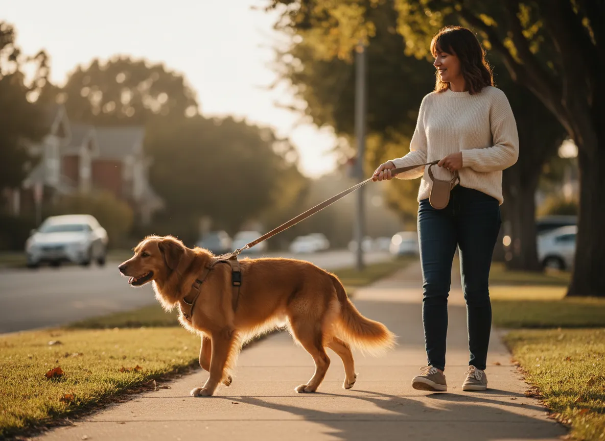 Calm adult dog walking nicely on a leash