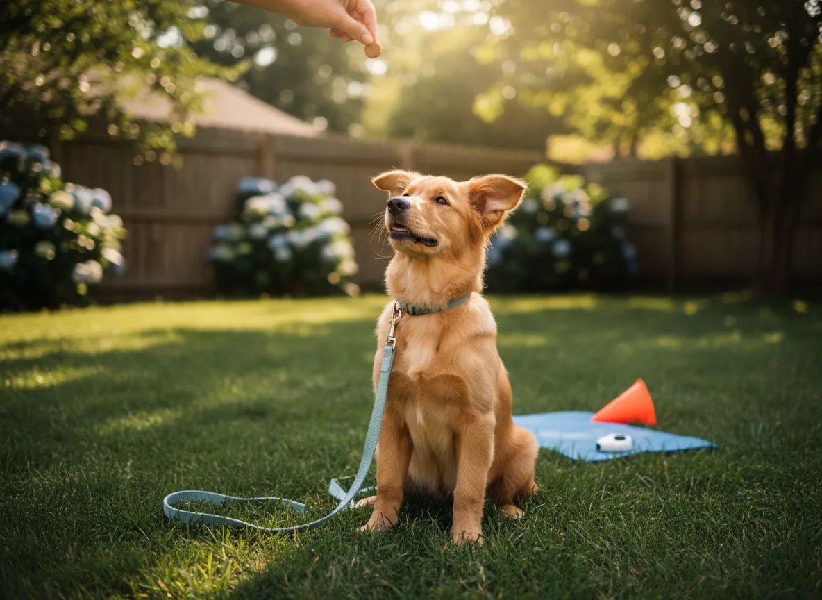 Playful puppy learning basic commands outdoors