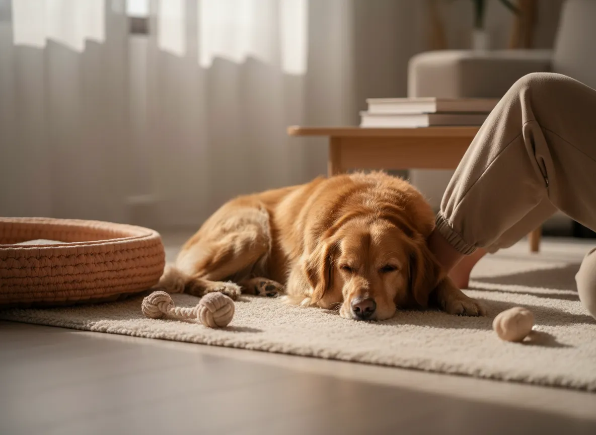 Dog relaxing calmly with owner at home