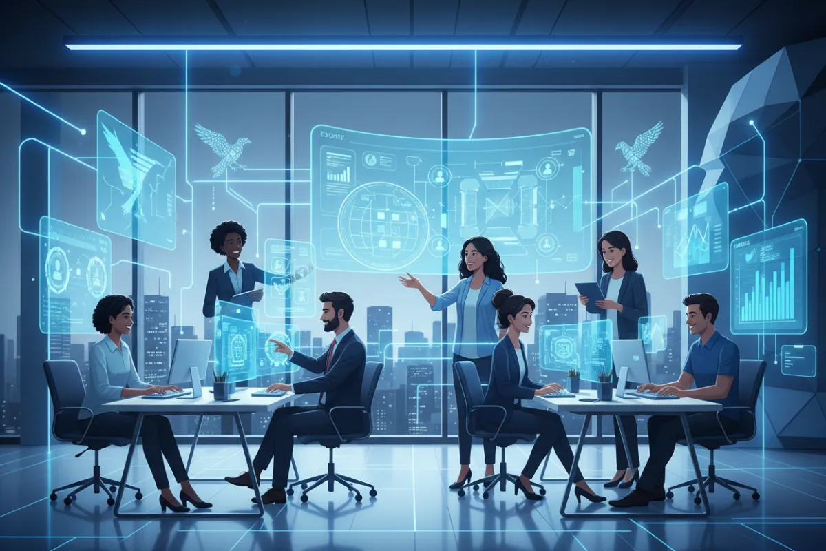 A diverse group of event organizers collaborating virtually, with digital event tools and screens in a modern workspace, vibrant blue accents, and energetic atmosphere