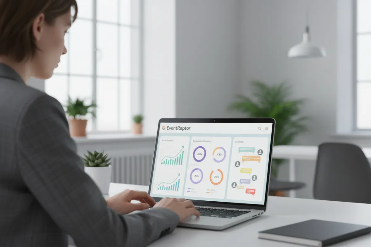 A dashboard view of EventRaptor software on a laptop, showing event analytics, registration stats, and live chat, with a professional organizer in the background