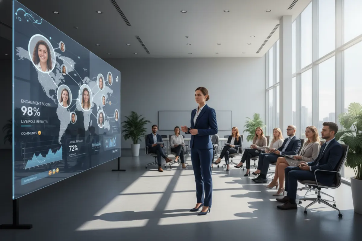 A businesswoman presenting at a virtual event, with a large screen showing live attendee interaction and analytics, modern office, diverse audience