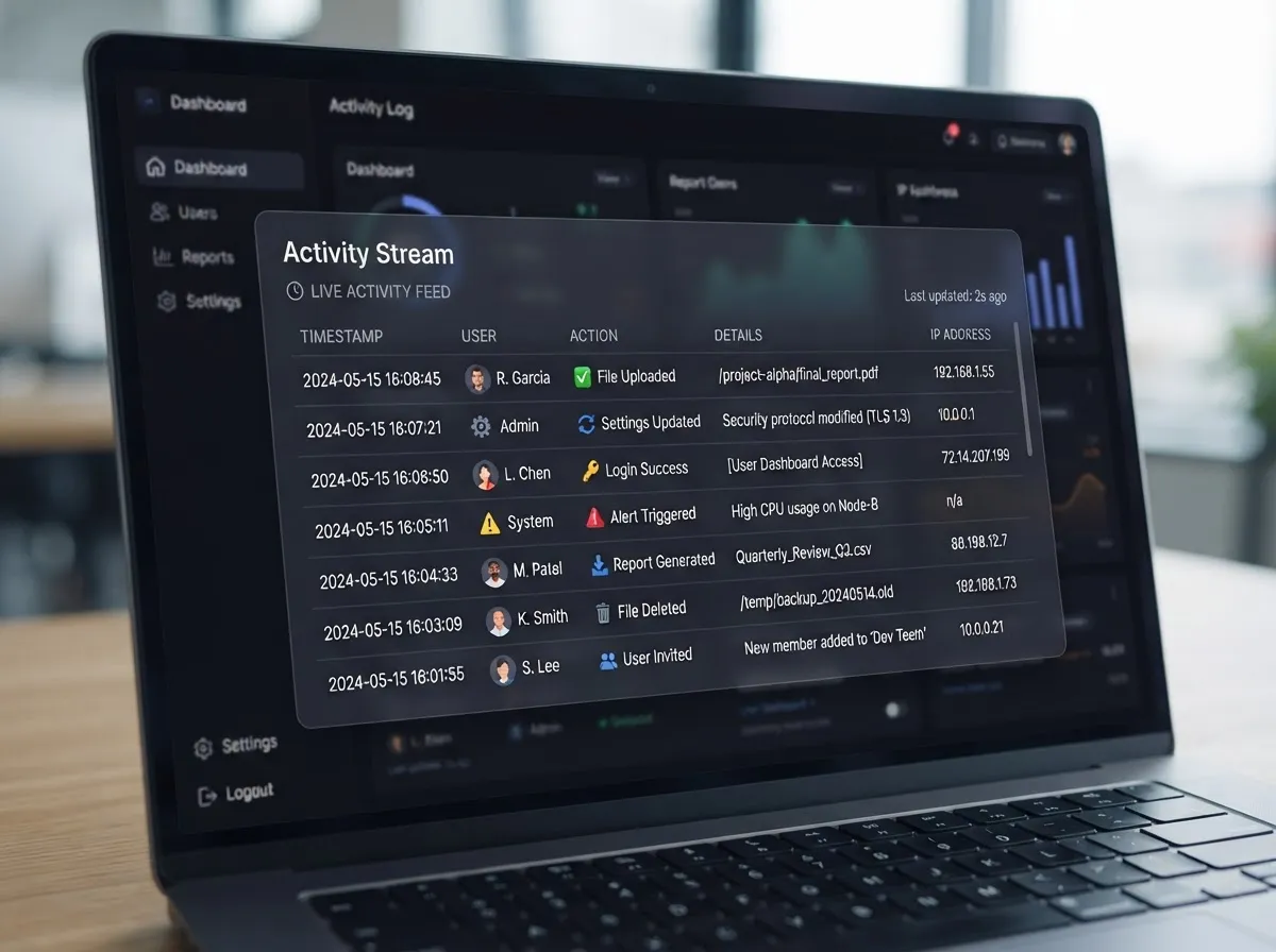 Dashboard Mockup highlighting transparent activity log with real-time audit triggers and timeline