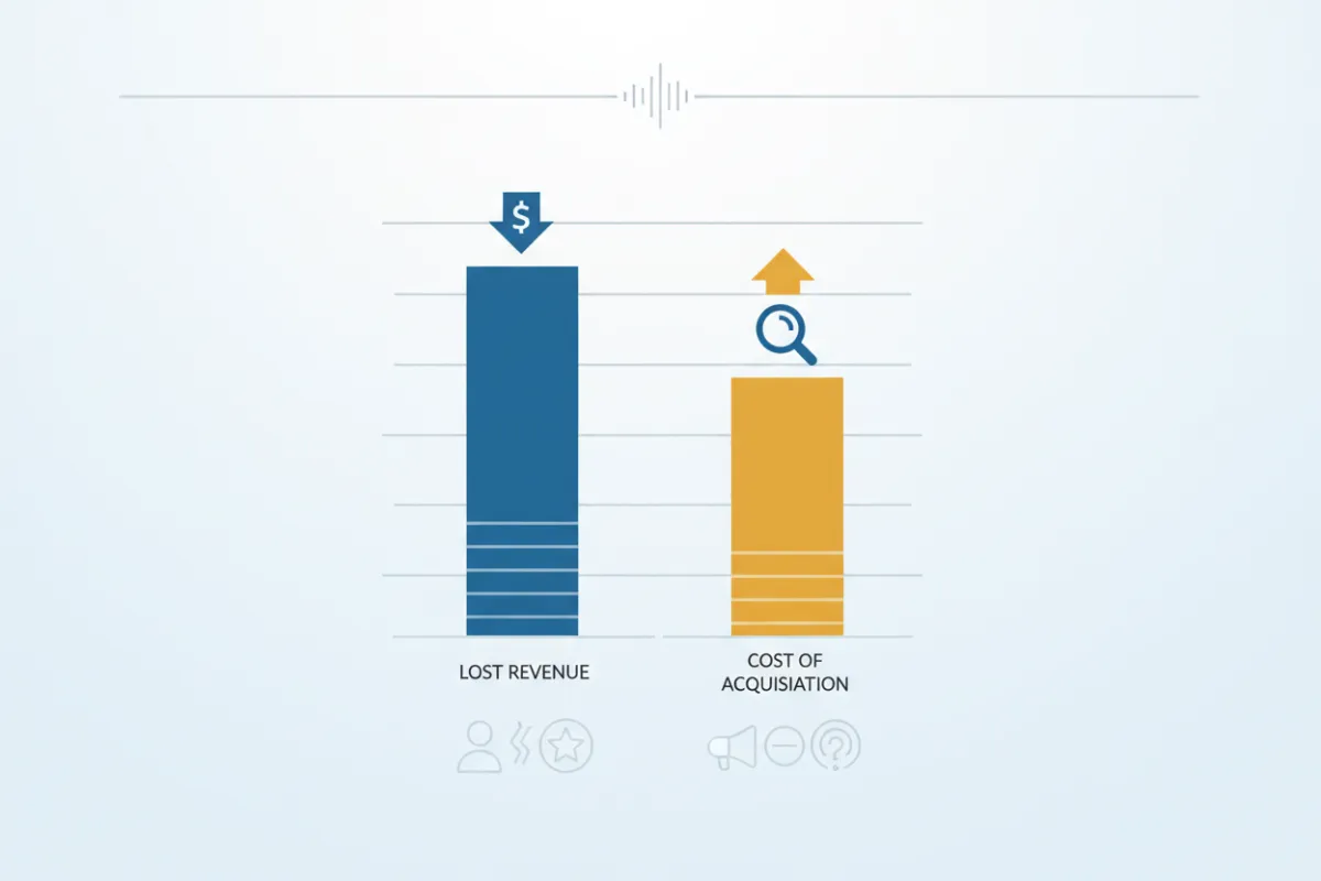 A bar graph showing lost revenue from missed calls in a small business context, with blue and yellow highlights.