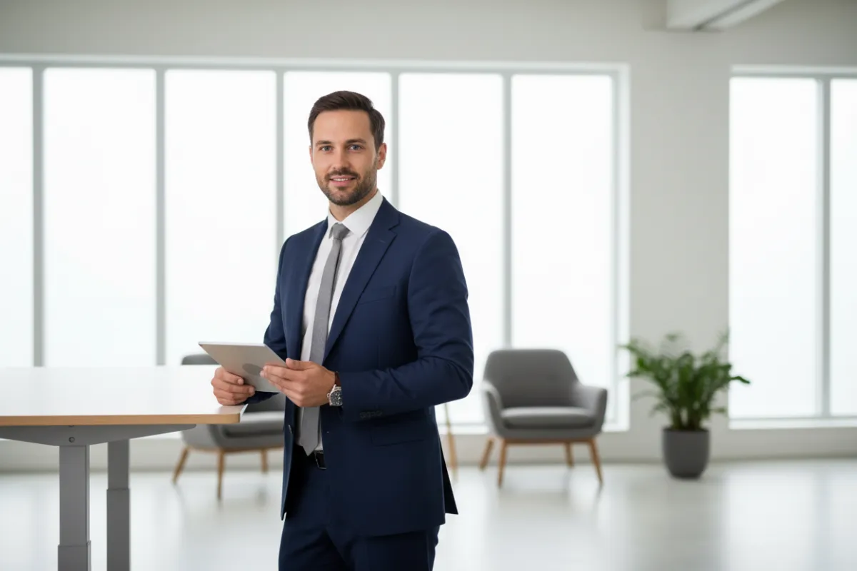 Modern service business operator in a bright office, used as the featured hero illustration.