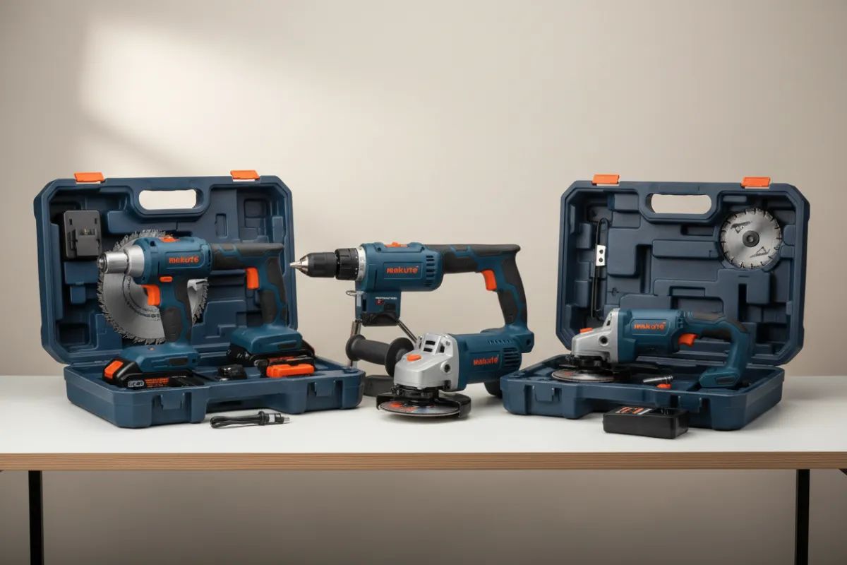 Kit de herramientas eléctricas Makute sobre mesa de trabajo