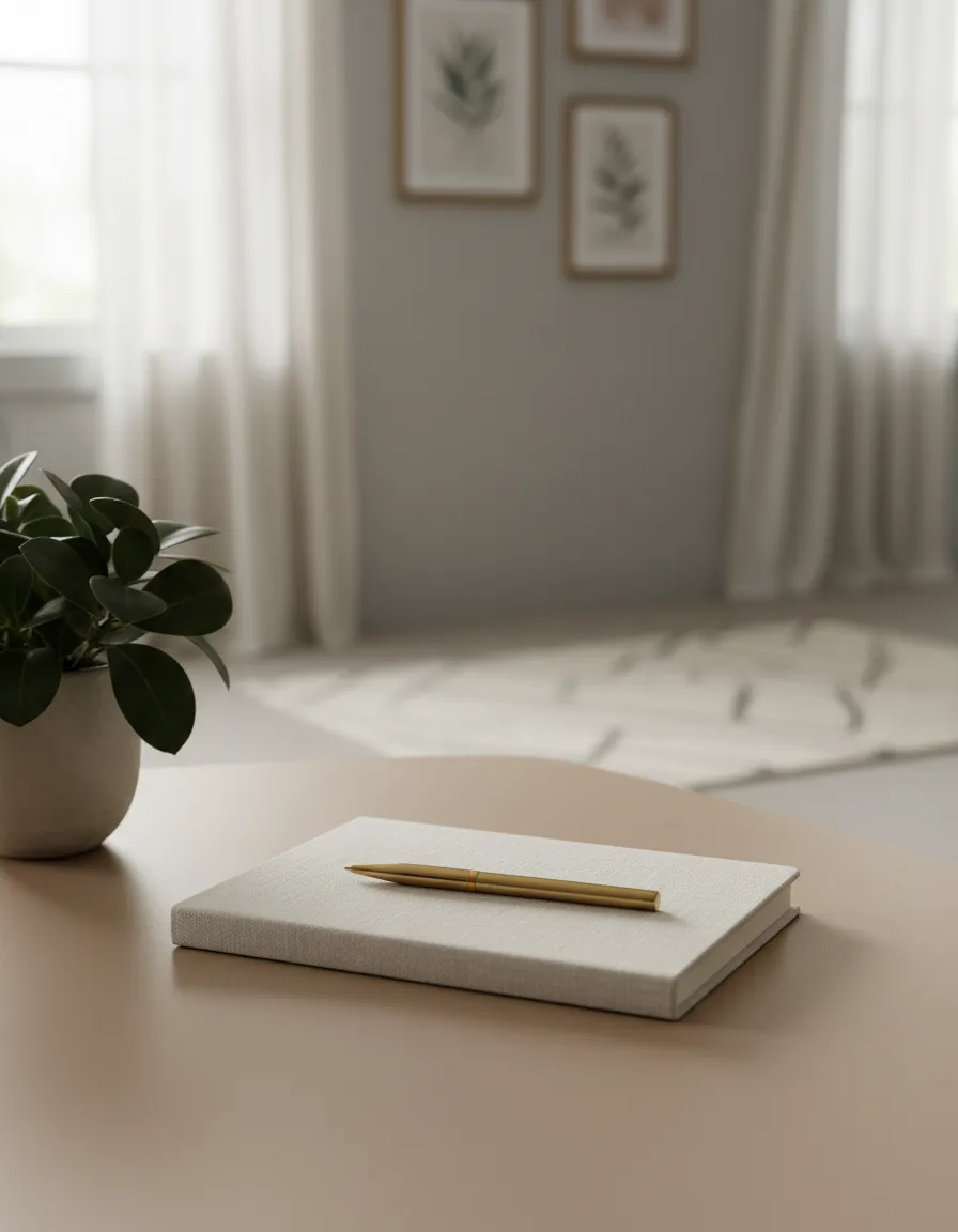 A subtle lifestyle image of an empty, serene workspace, symbolizing peace and intention.