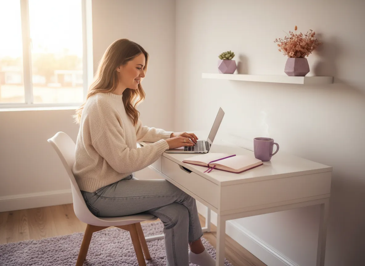 Relaxed online business owner working calmly at a laptop with a cup of coffee