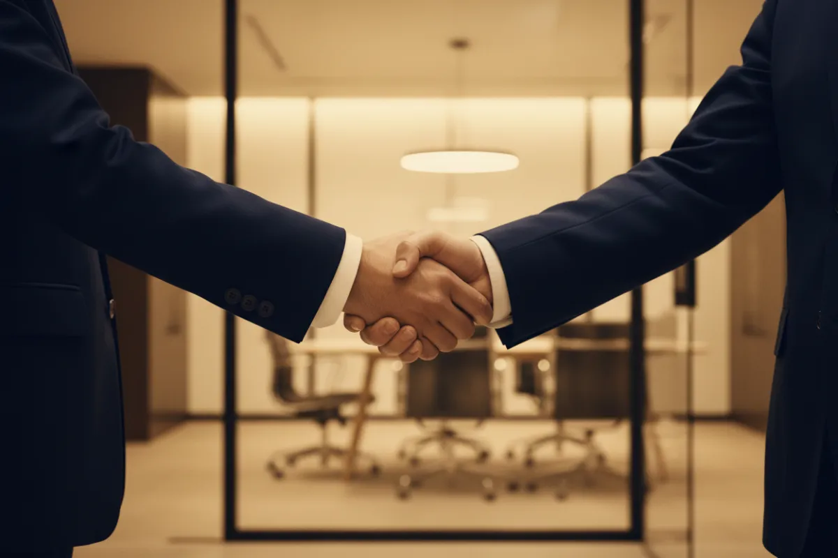 Professional handshake finalizing a financial transfer