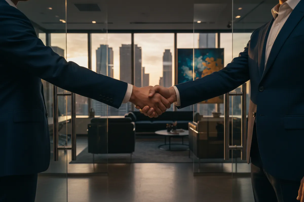 Professional handshake finalizing a financial transfer