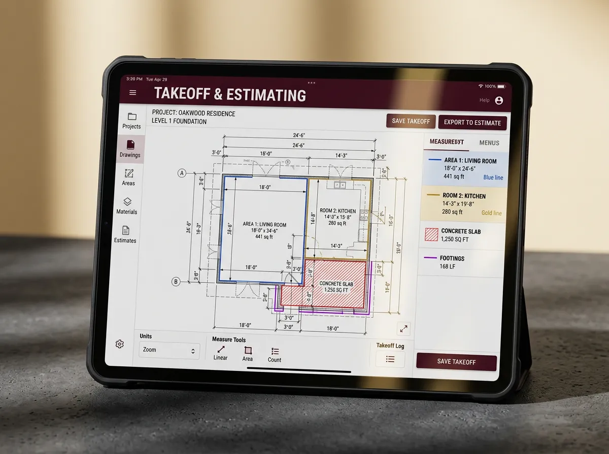 Detailed digital architectural takeoff and construction estimating software screen