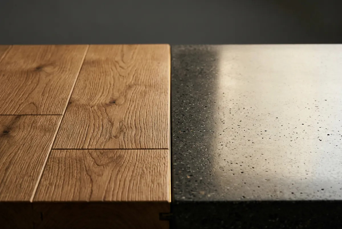 Close-up architectural shot of commercial hardwood and polished concrete flooring materials