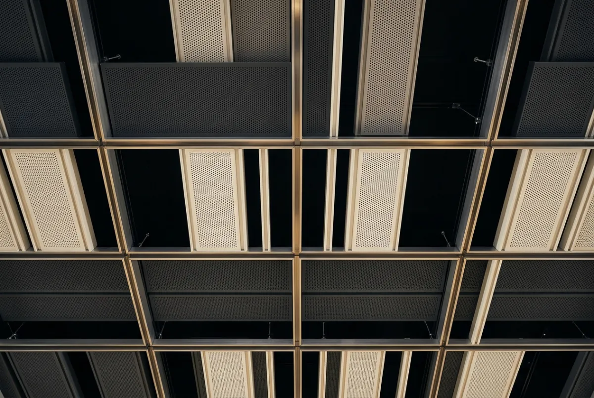 Suspended architectural acoustical ceiling grid with micro-perforated sound baffle panels