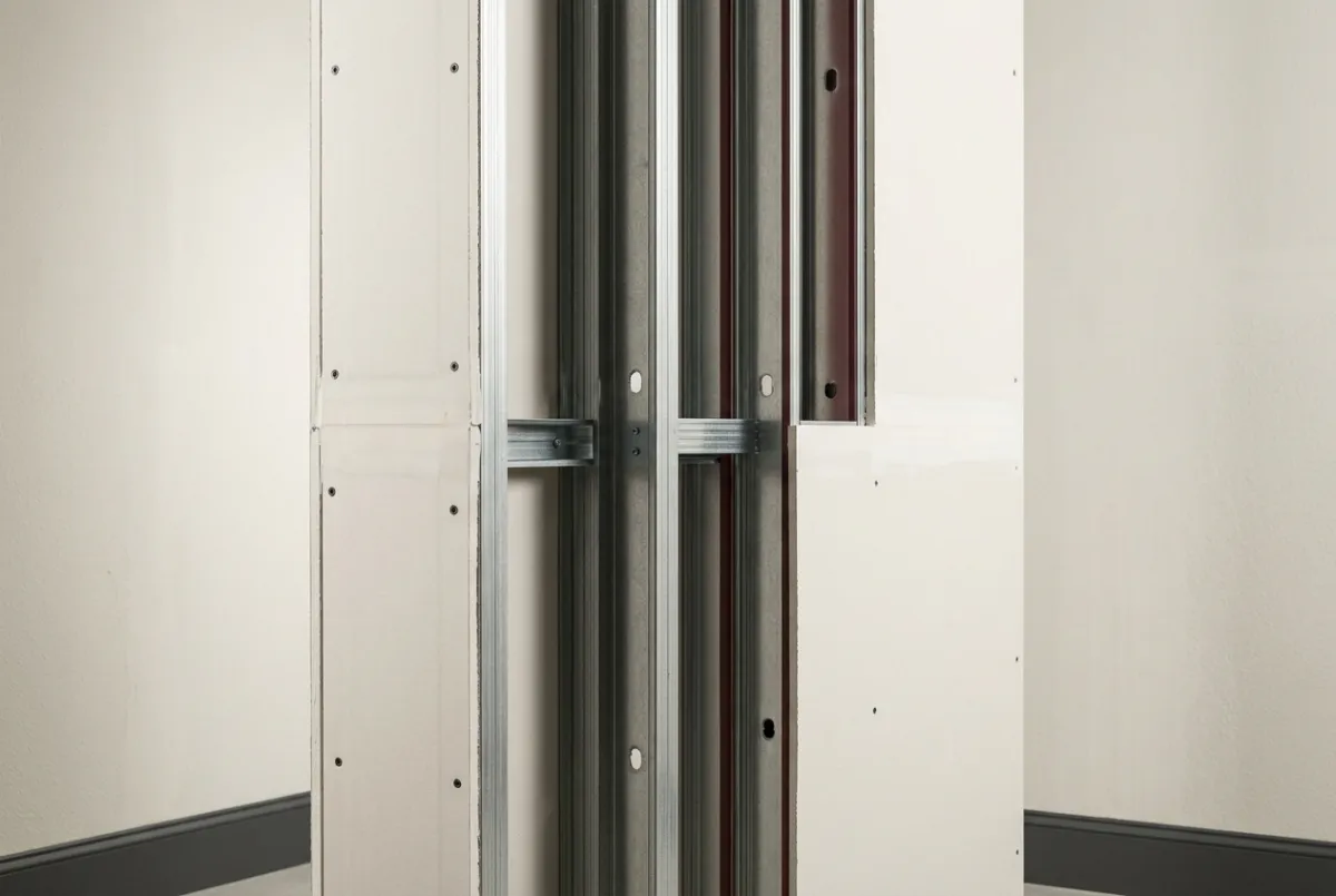 Precision metal stud framing and high-grade drywall board installation detail