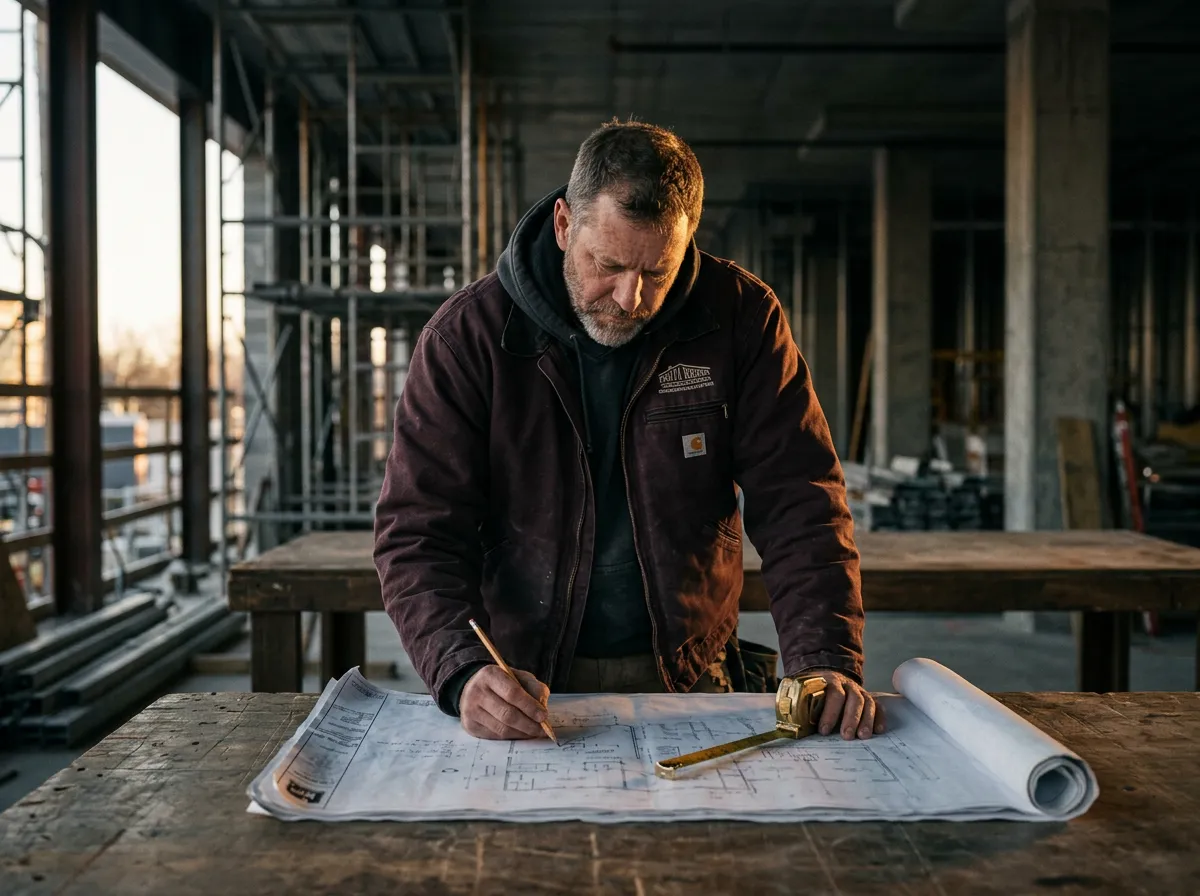 Commercial contractor reviewing construction blueprints on an active site