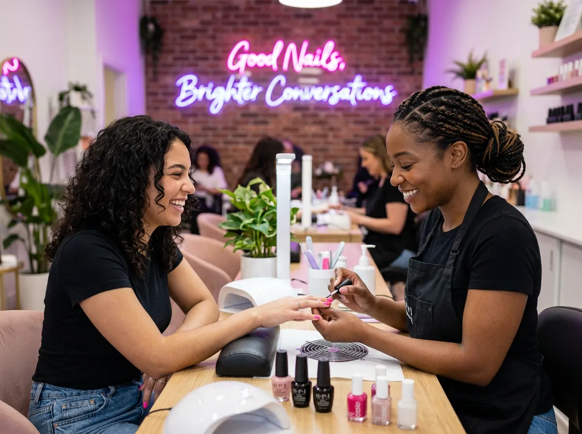Smiling Black female nail technician wearing a black apron working on a client's nails. A neon sign in the background says 'Good Nails, Brighter Conversations'.