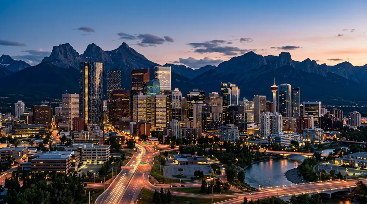 City skyline at dusk with mountains behind