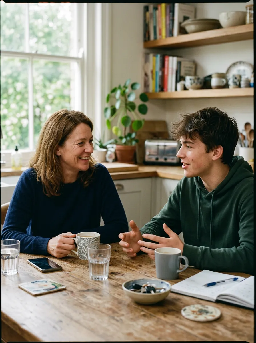 Parent and teenager having a calm, supportive conversation at a kitchen table