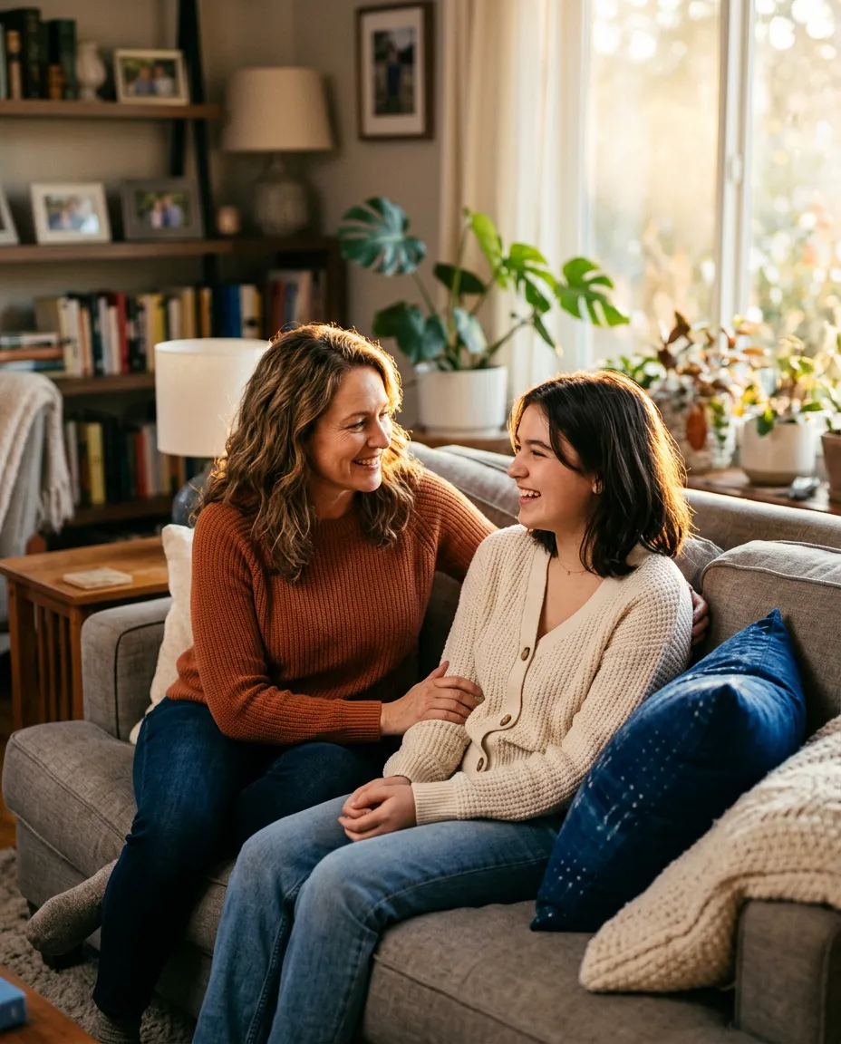 Warm lifestyle photo of a parent and teenager engaged in an encouraging, open conversation at home