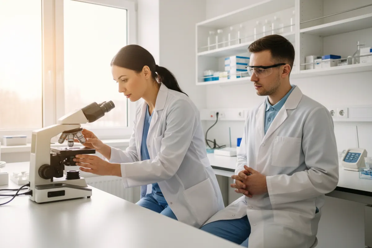 Physical therapist coaching a technician at a lab workstation, demonstrating ergonomic hand posture at a microscope.