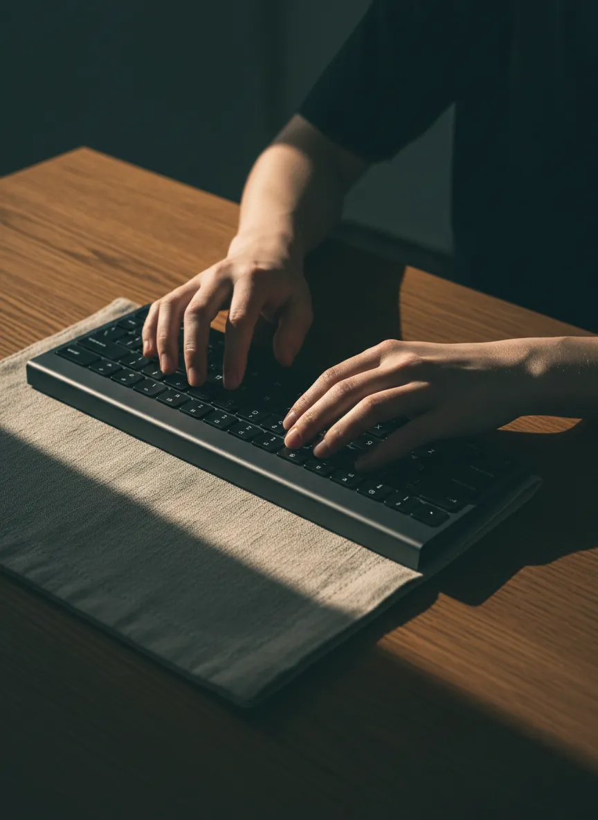 Soft-lit lifestyle image of hands resting on a keyboard, portraying mild fatigue