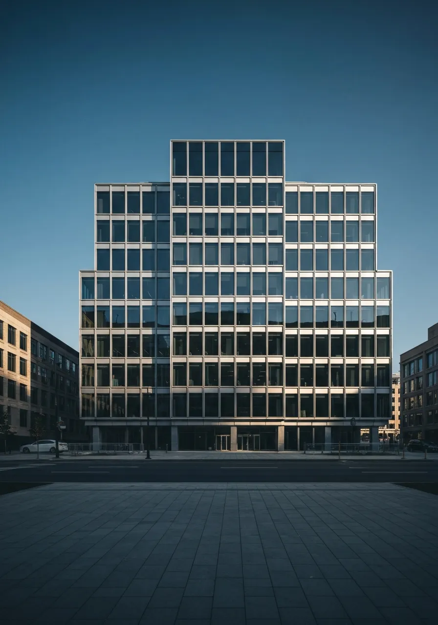 High-contrast architectural glass building reflecting stability and precision