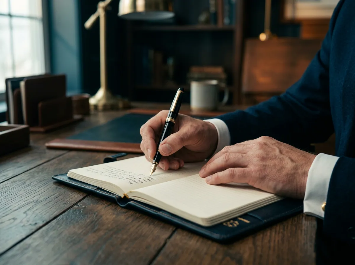 Manos de un hombre caucásico tomando notas en un journal premium (sin anillos), con tonos azul marino y acentos dorados.