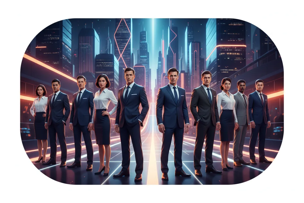 A 3D digital art scene showing a diverse group of professionals standing confidently on a stylized avenue, with a modern city skyline in the background. The group is dressed in classic business attire, illuminated by bold, energetic lighting. The composition uses a timeless color palette and features fully-rounded borders for a dynamic, high-energy look.