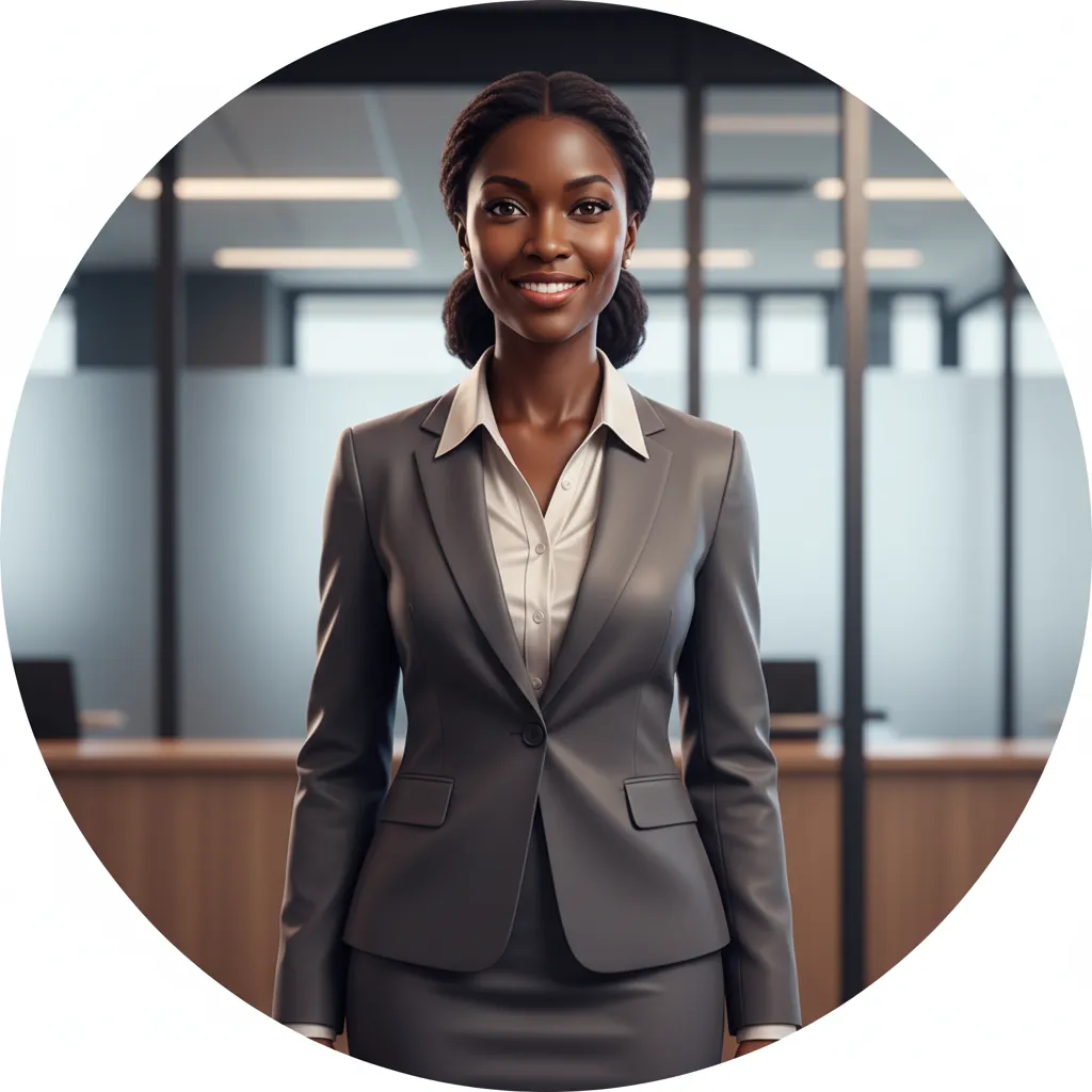 3D digital art portrait of a Black woman in classic business attire, smiling, modern office background, timeless color palette, fully-rounded border
