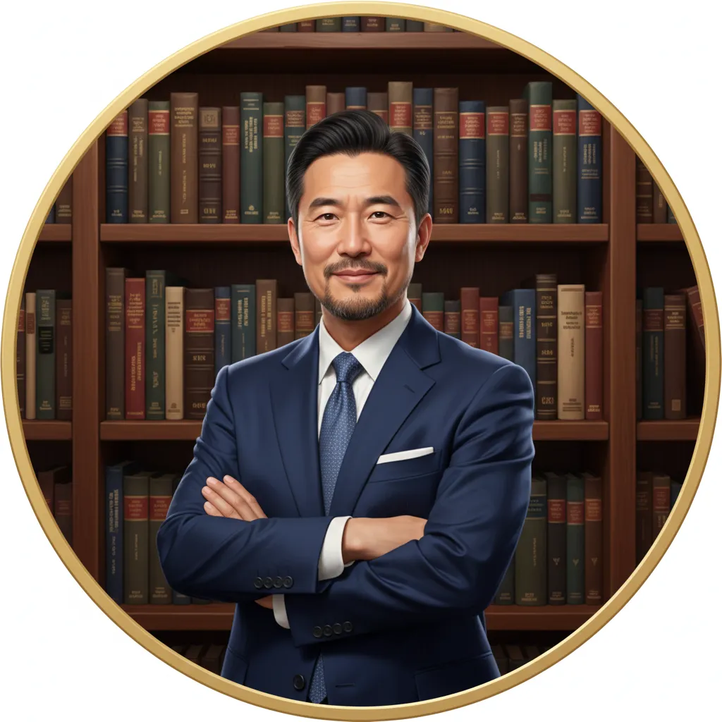 3D digital art portrait of an Asian man in a navy suit, arms crossed, bookshelf background, classic style, fully-rounded border
