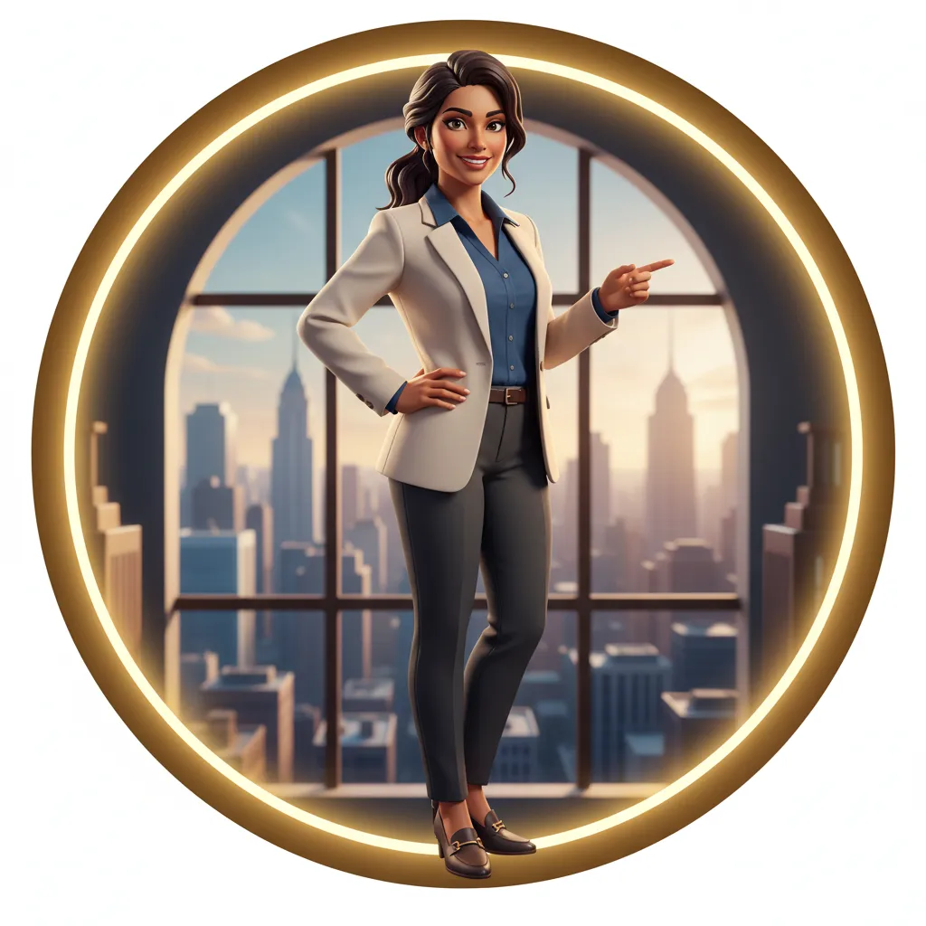 3D digital art portrait of a Latina woman, business casual, standing in front of a window, city view, energetic pose, fully-rounded border