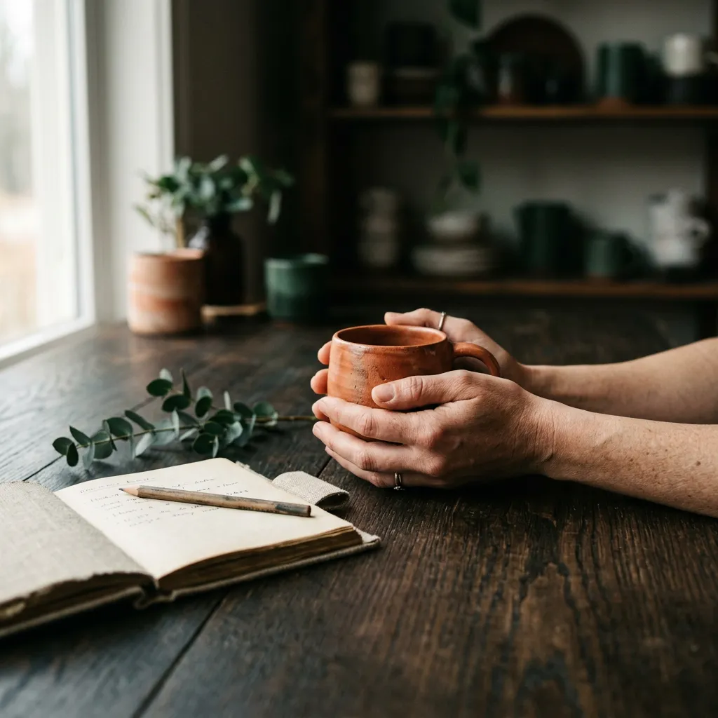 A quiet, intentional slow-business moment with natural lighting and earthy botanical details