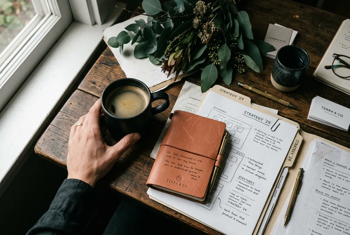 Calm entrepreneur enjoying coffee in a grounded botanical work environment