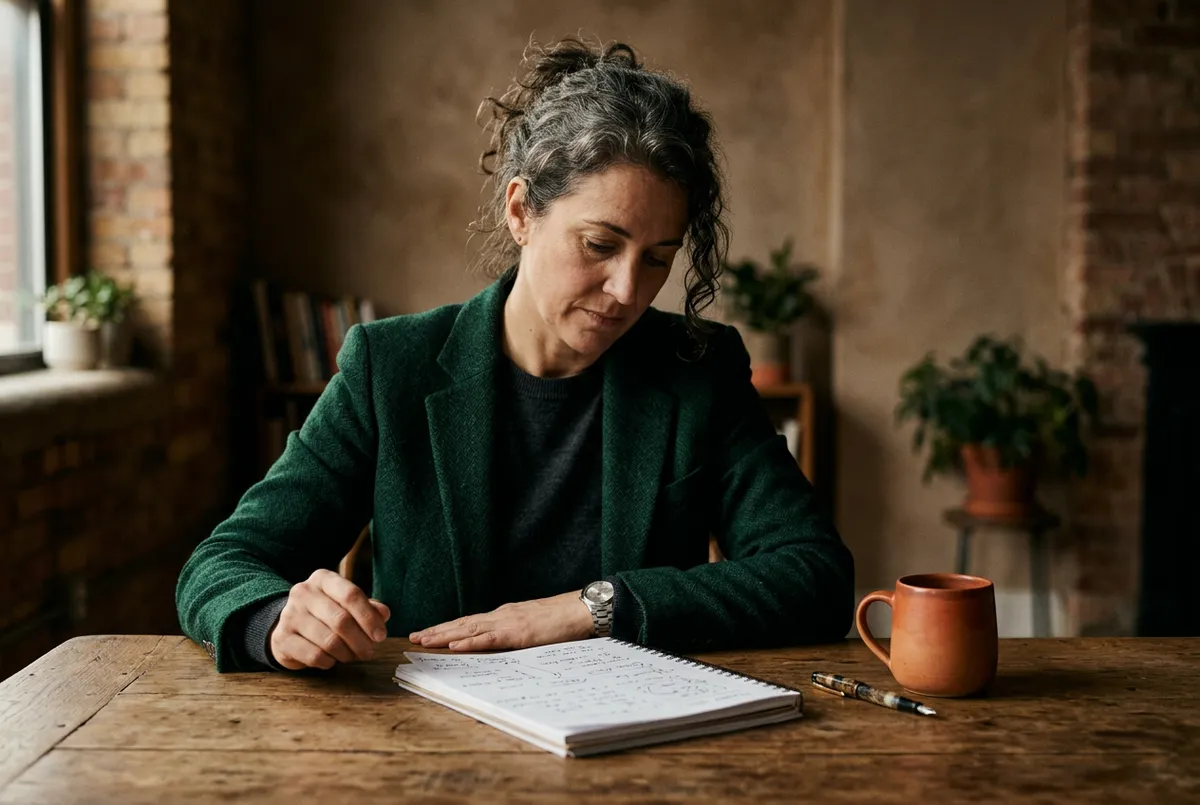 Thoughtful business founder in an organic studio space reviewing strategic plans