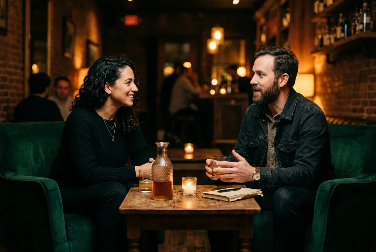 Intimate discussion between conscious entrepreneurs in a warm speakeasy lounge