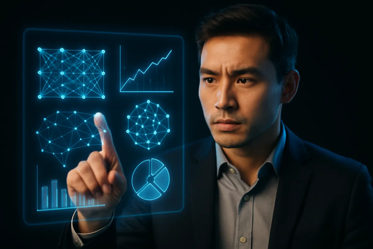 Professional interacting with holographic marketing dashboard