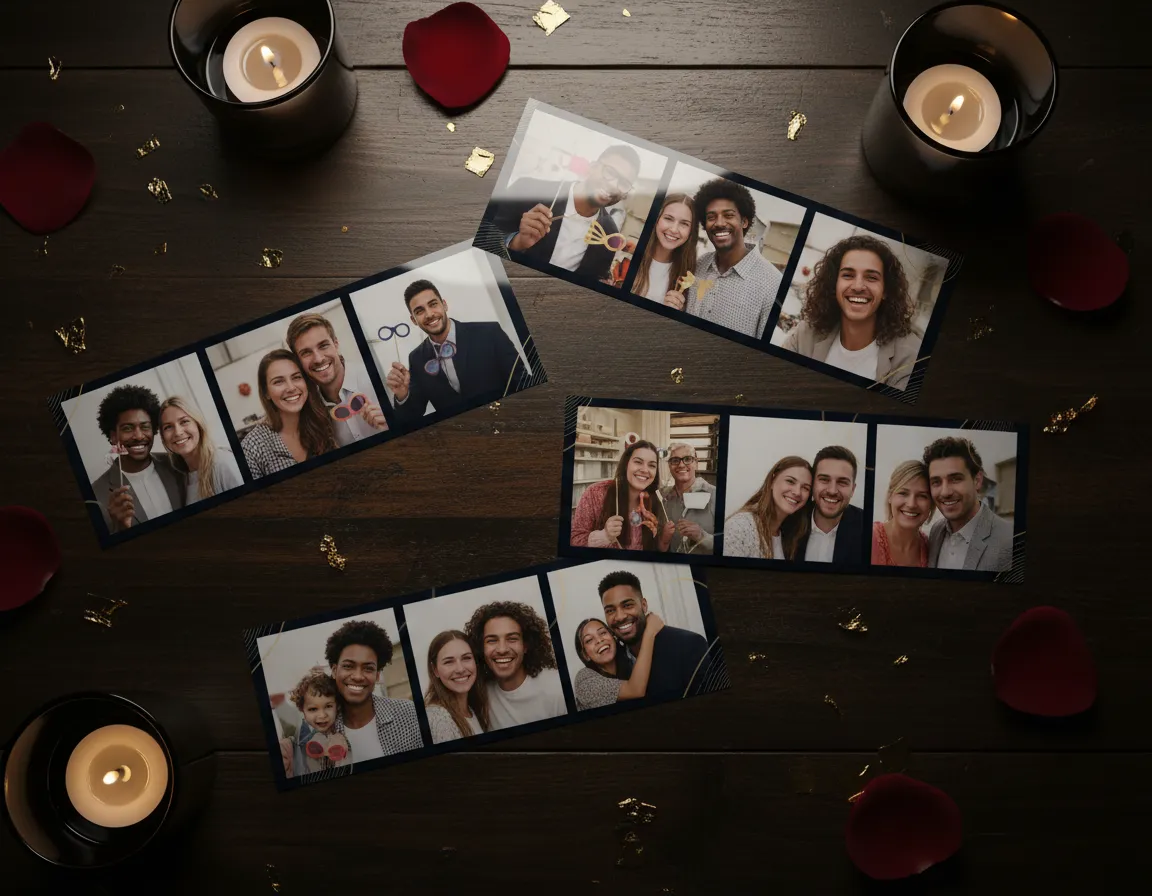 Printed photo strips from SparkSnap laid out on event table