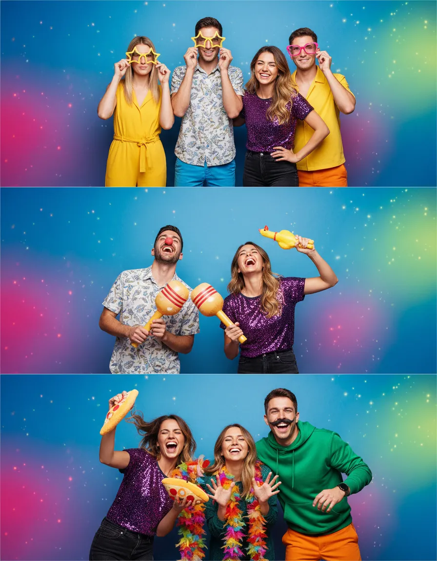 Guests holding props and posing in animated GIF sequence
