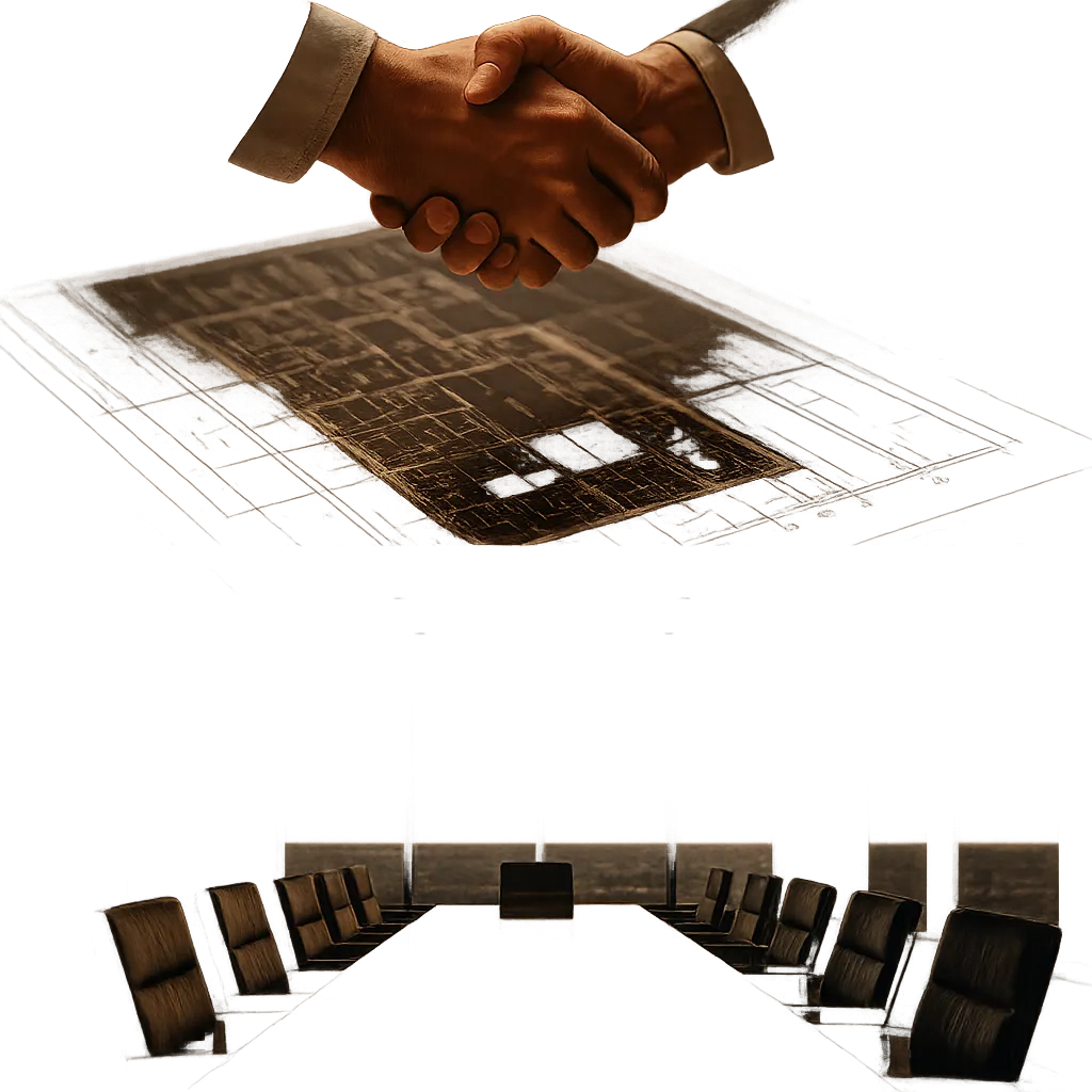 Composite image showing a handshake over real estate blueprints