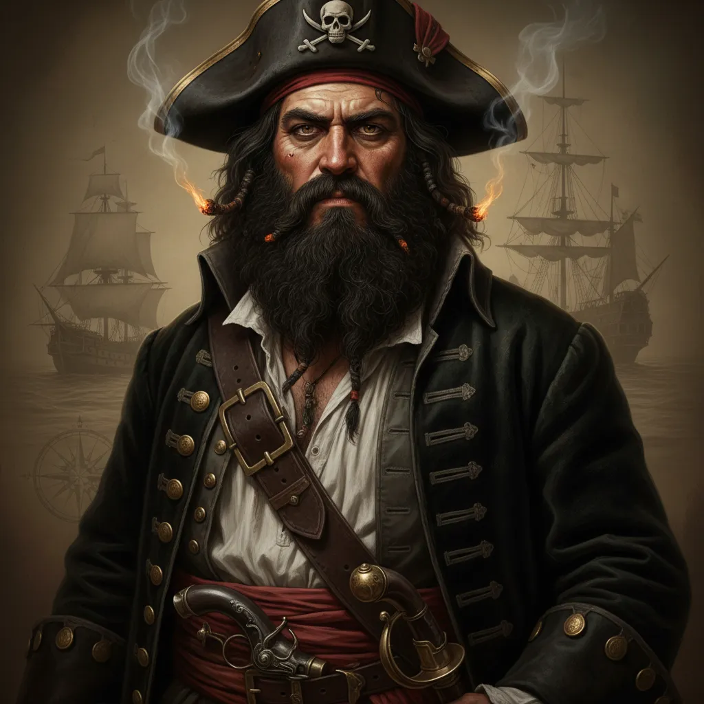 Portrait of Edward Teach, known as Blackbeard, depicted with a thick black beard, intense gaze, and period pirate attire, set against a muted background evoking 18th-century maritime history. The style is detailed and realistic, capturing the enigmatic presence of the legendary pirate.