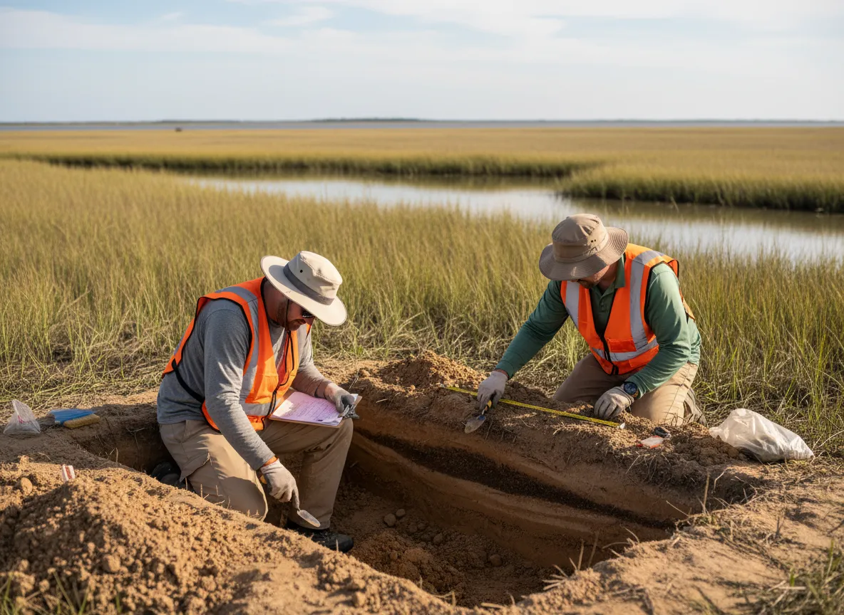 Archaeologists carefully excavating a test trench near coastal marshland